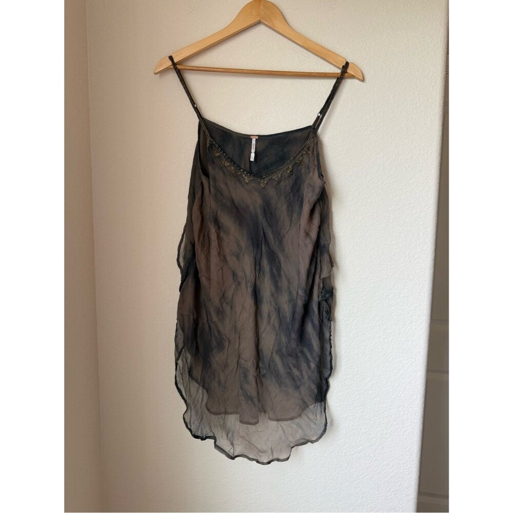 Free People Sheer Beaded Boho Tunic Cami Top Gray Brown Hi-Low Size L